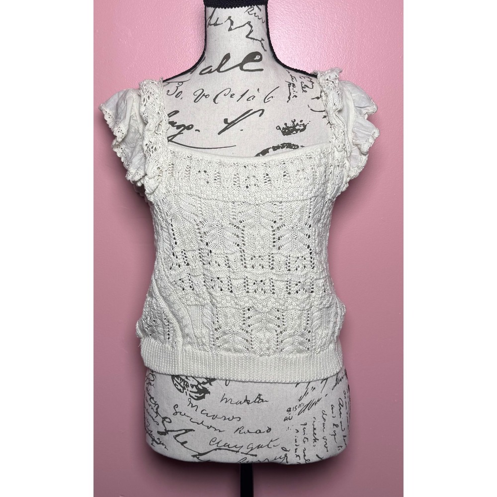 Anthropologie Pointelle Knit Cropped Top Women M Ivory Flutter Sleeve Boho